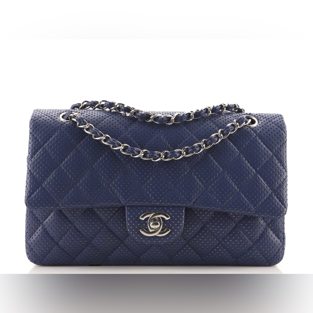 Authentic Chanel Navy Classic Perforated Chain Jumbo Bag